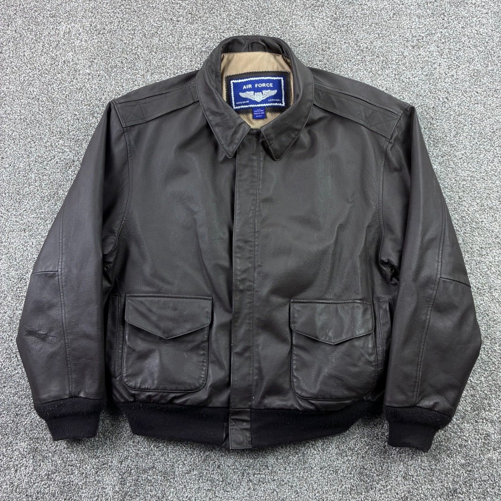 Air Force Airborne Leathers Jacket Mens L Black Leather Bomber USA‎ Flag Lined